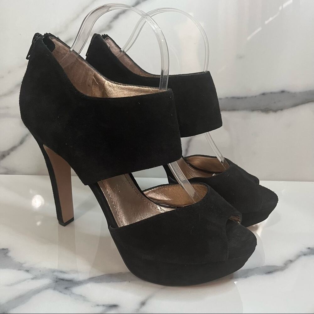 BCBGeneration | Women's Classic Black Suede Ankle Strap Peeptoe Heels Sz 9.5